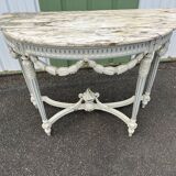 Louis XVI style half-moon console table with carved and painted wood and marble top