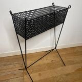1950s black perforated metal planter in the style of Mathieu MATEGOT