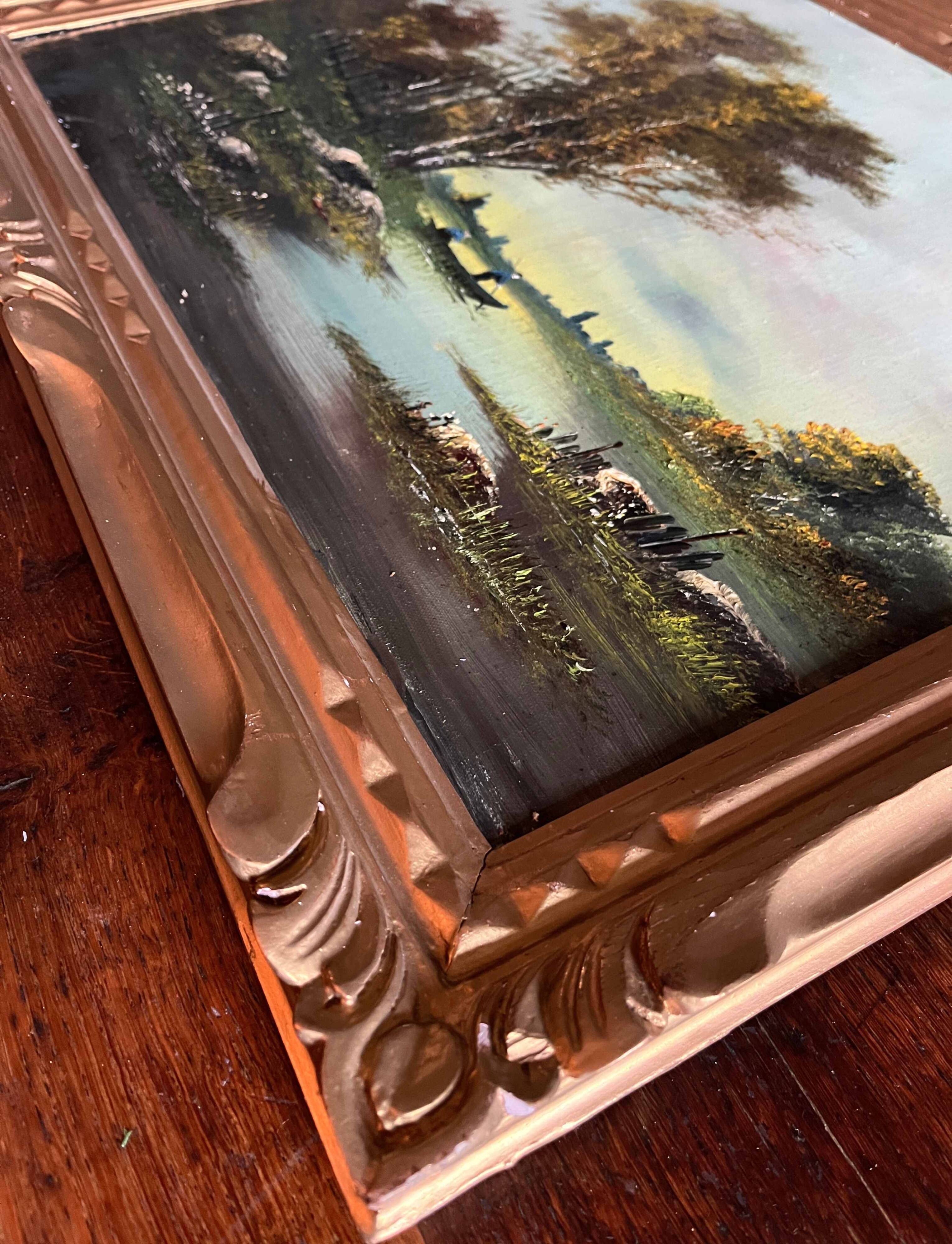 HST painting "Landscape with fishermen" 1898 signed Lion + frame