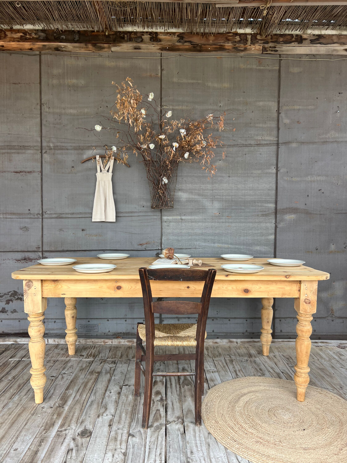 Old farmhouse table in raw wood