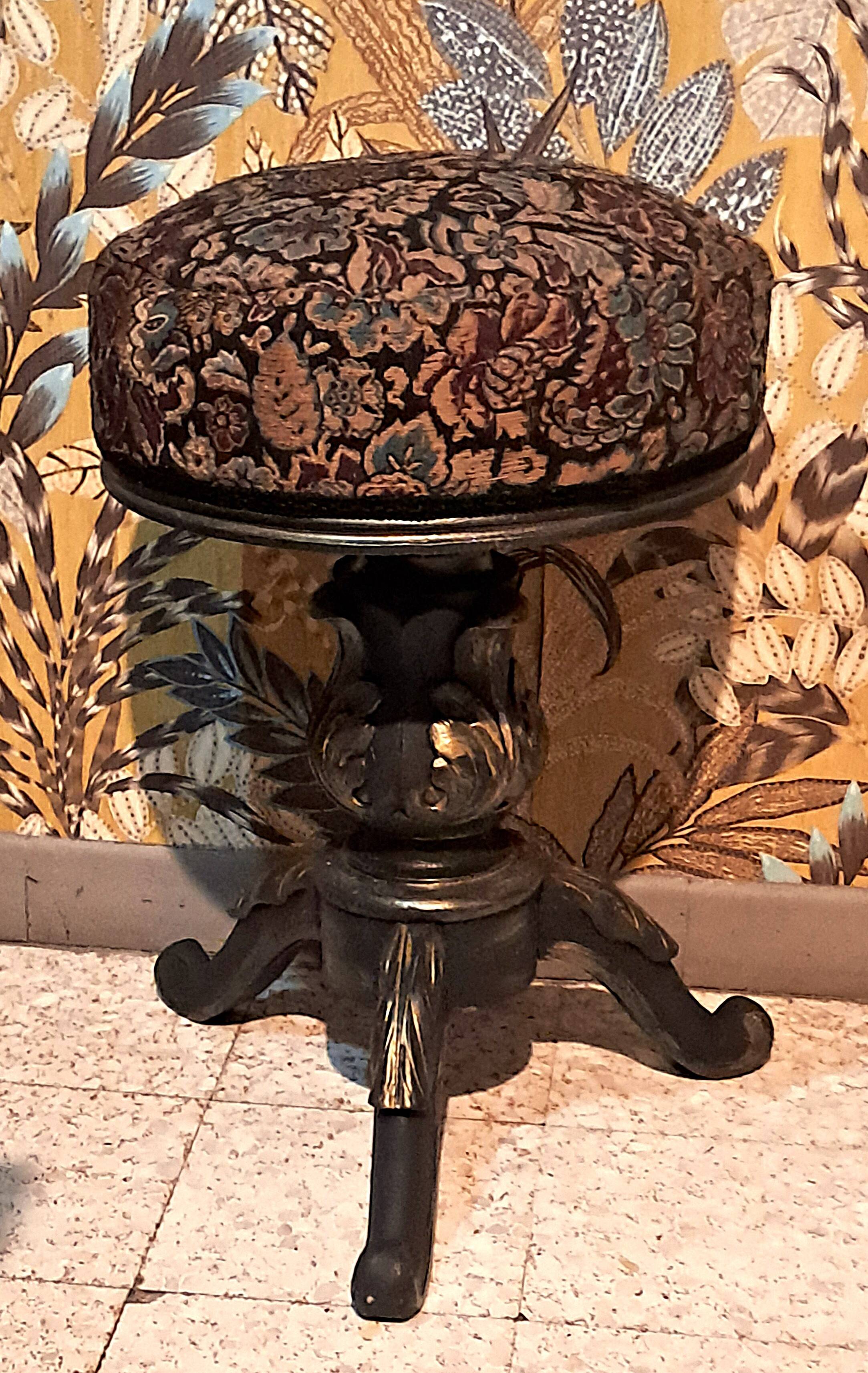 Victorian Piano Stool, Patinated Wood, Upholstered Fabric, 19th Century, France