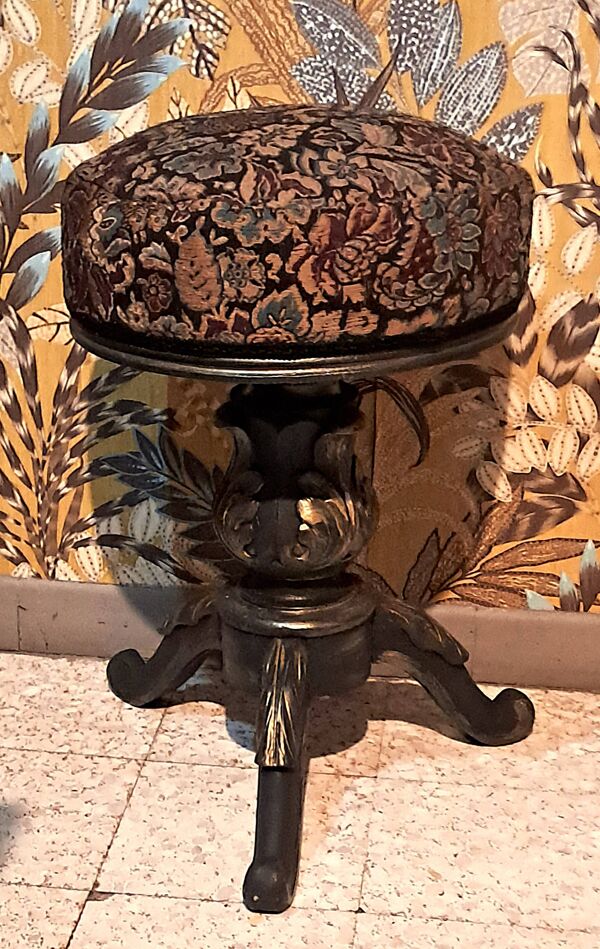 Tabouret Piano Victorien bois patiné Tissu Tapissier XIX France