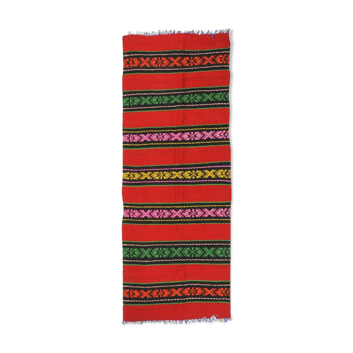 Red wool runner with stripes in bright colors , handwoven, Romania 220x80cm