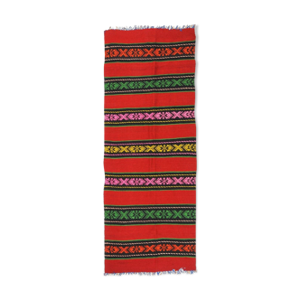 Red wool runner with stripes in bright colors , handwoven, Romania 220x80cm