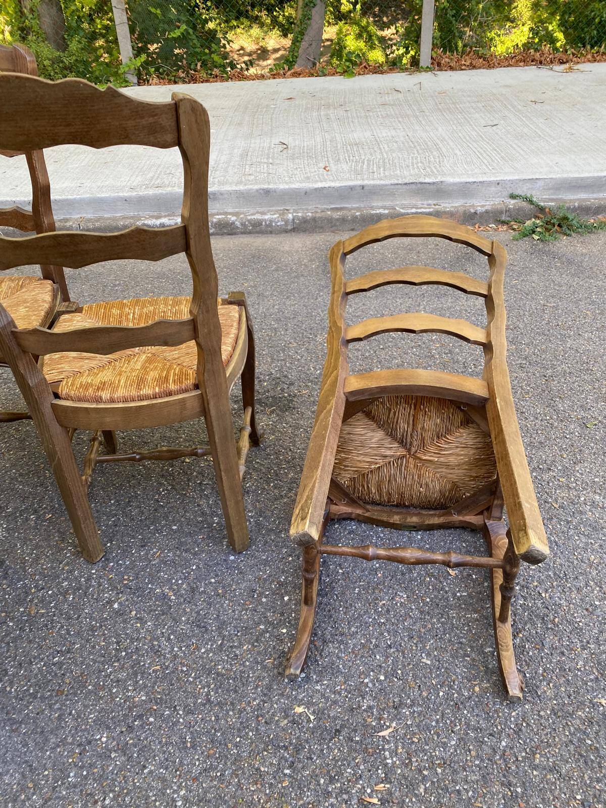 Set of 4 Vintage BAUMANN Chairs in Solid Wood with Rush Seating, Louis XV Style