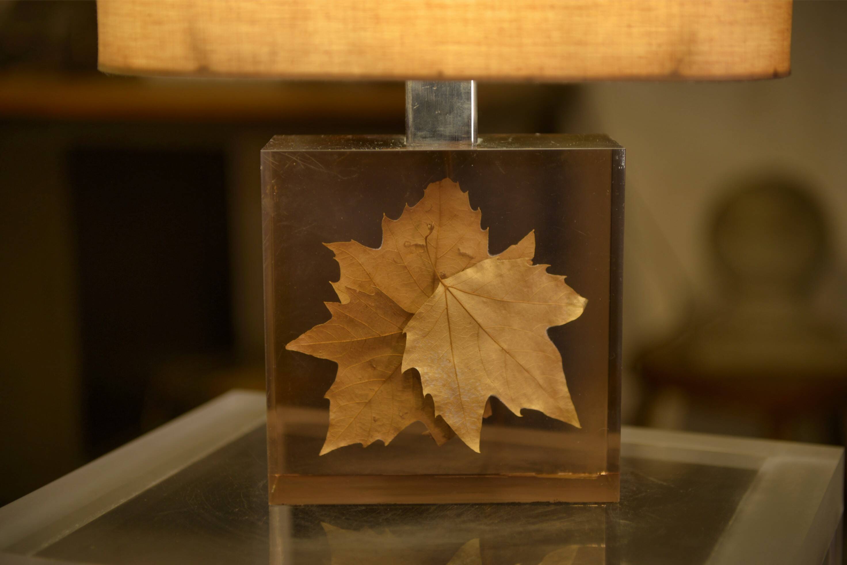 Lamp with plane tree leaf inclusion by Pierre Giraudon 1970s
