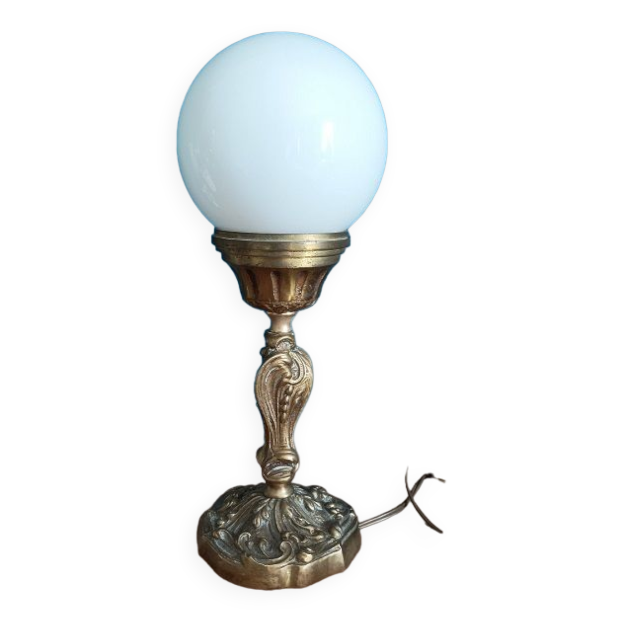 Bedside lamp globe glass opaline base bronze gilded patinated