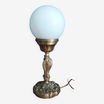 Bedside lamp globe glass opaline base bronze gilded patinated