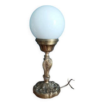 Bedside lamp globe glass opaline base bronze gilded patinated