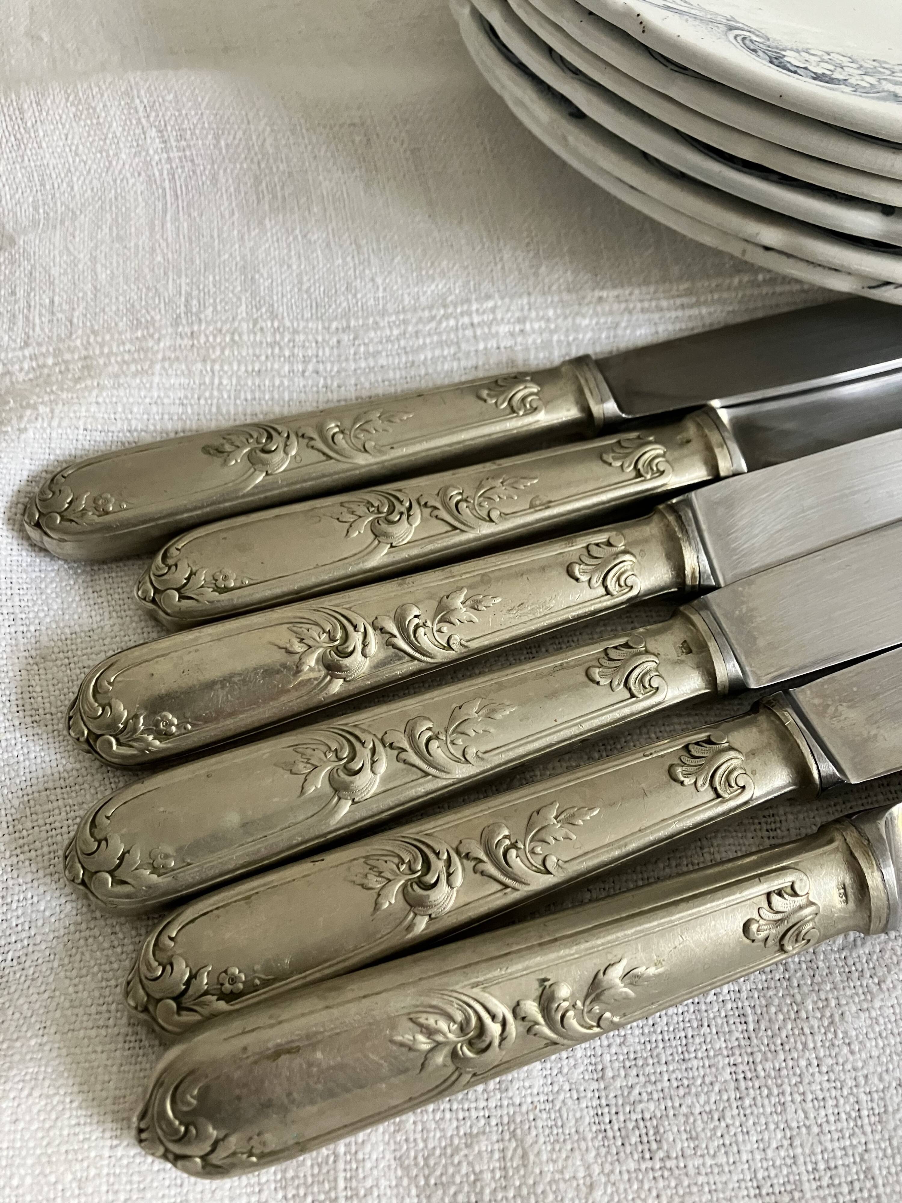 6 antique knives, silver plated metal