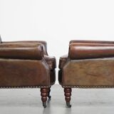 Set of 2 Cognac Brown Grained Cowhide Leather Chesterfield Armchairs