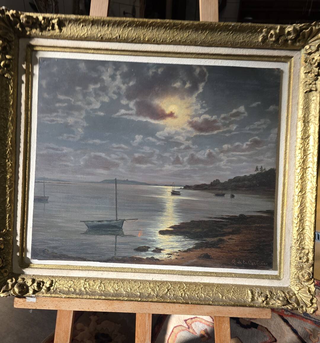 Old painting signed Roger de la Corbières – Seascape in the moonlight