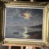 Old painting signed Roger de la Corbières – Seascape in the moonlight