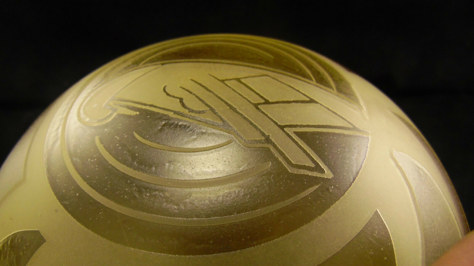 Acid engraved glass ball decorated with birds and geometric art deco