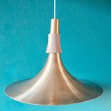Large trumpet lamp in brushed-gold aluminum. Denmark 1970