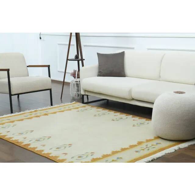 1970s Vintage Turkish Oushak Handmade Wool Cotton Cream Area Rug 171x222