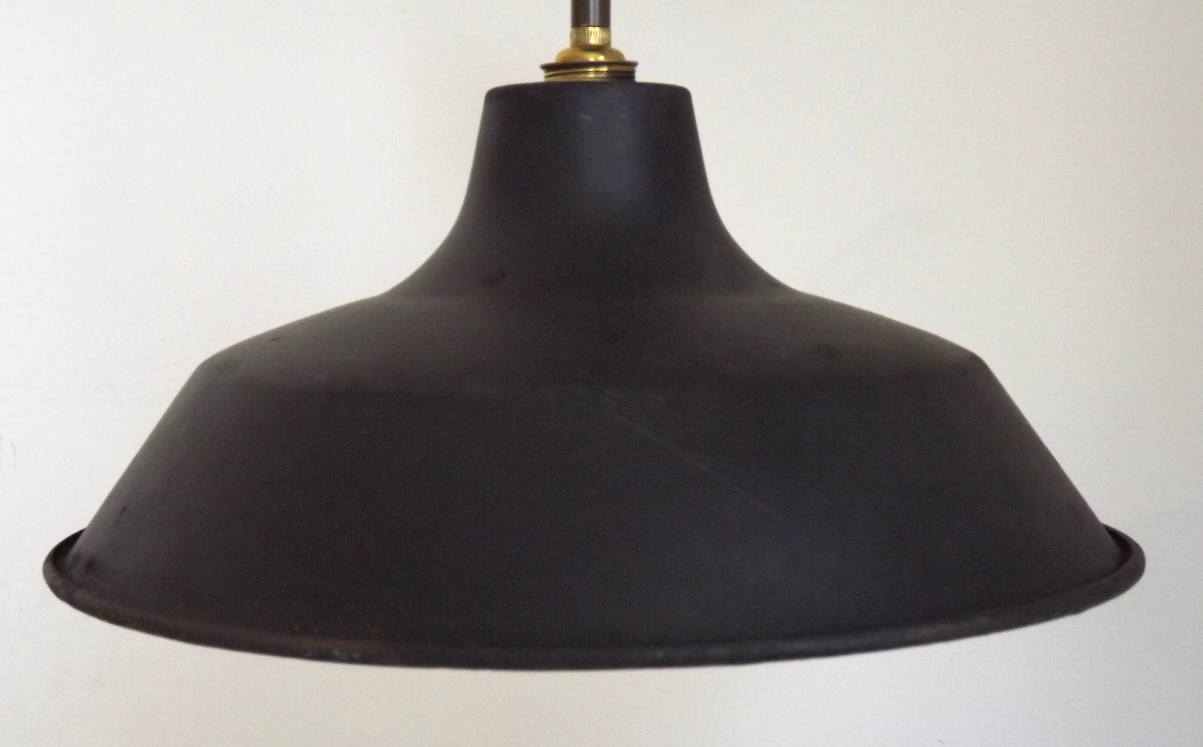 French Vintage 1950s Industrial Light In Black Metal White Enamal & Brass