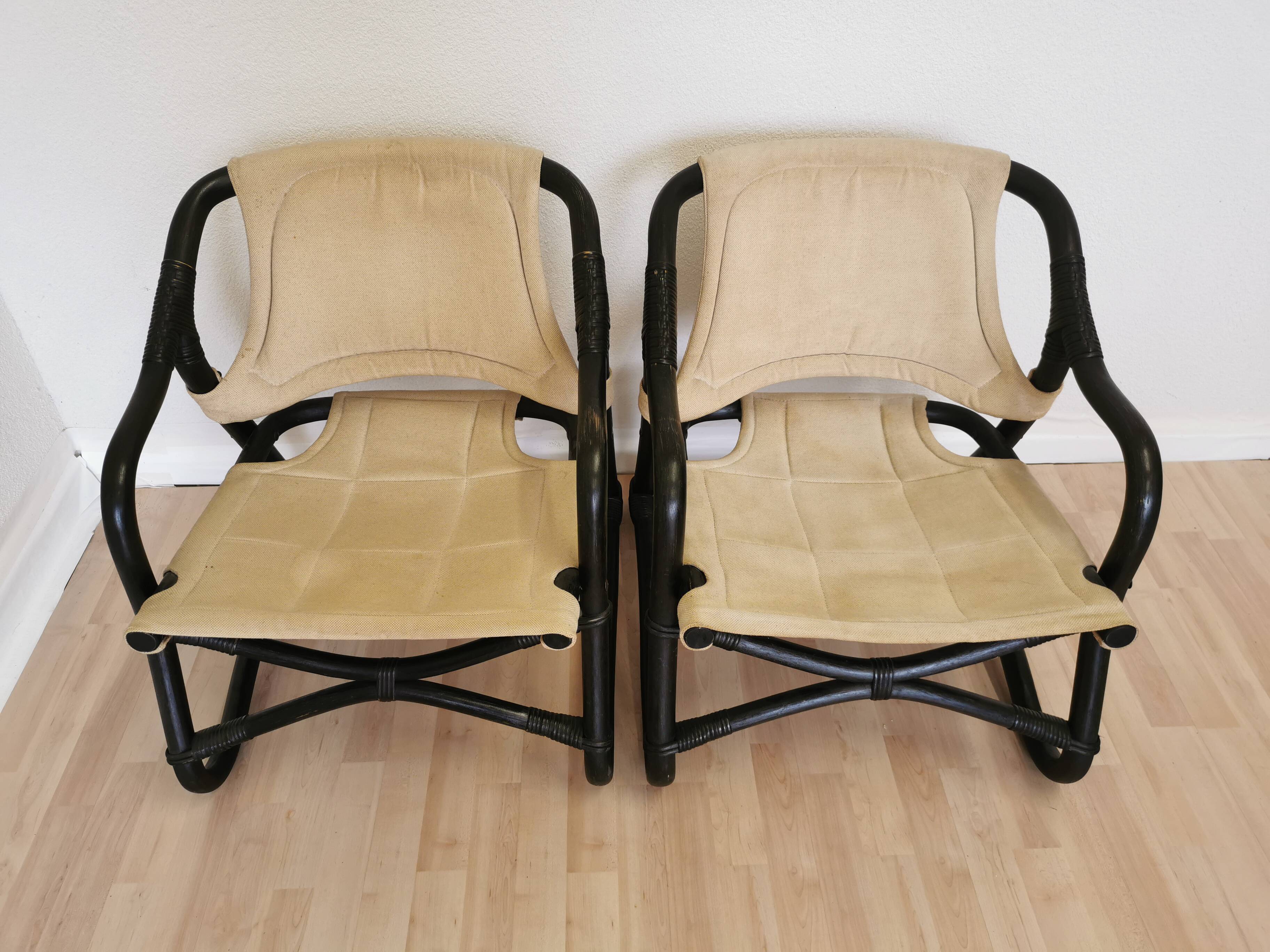 2 Vintage Espri Safari Lounge Armchairs / Rare Mid-century Black Bamboo and Beige Fabric Easy C