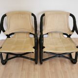 2 Vintage Espri Safari Lounge Armchairs / Rare Mid-century Black Bamboo and Beige Fabric Easy C