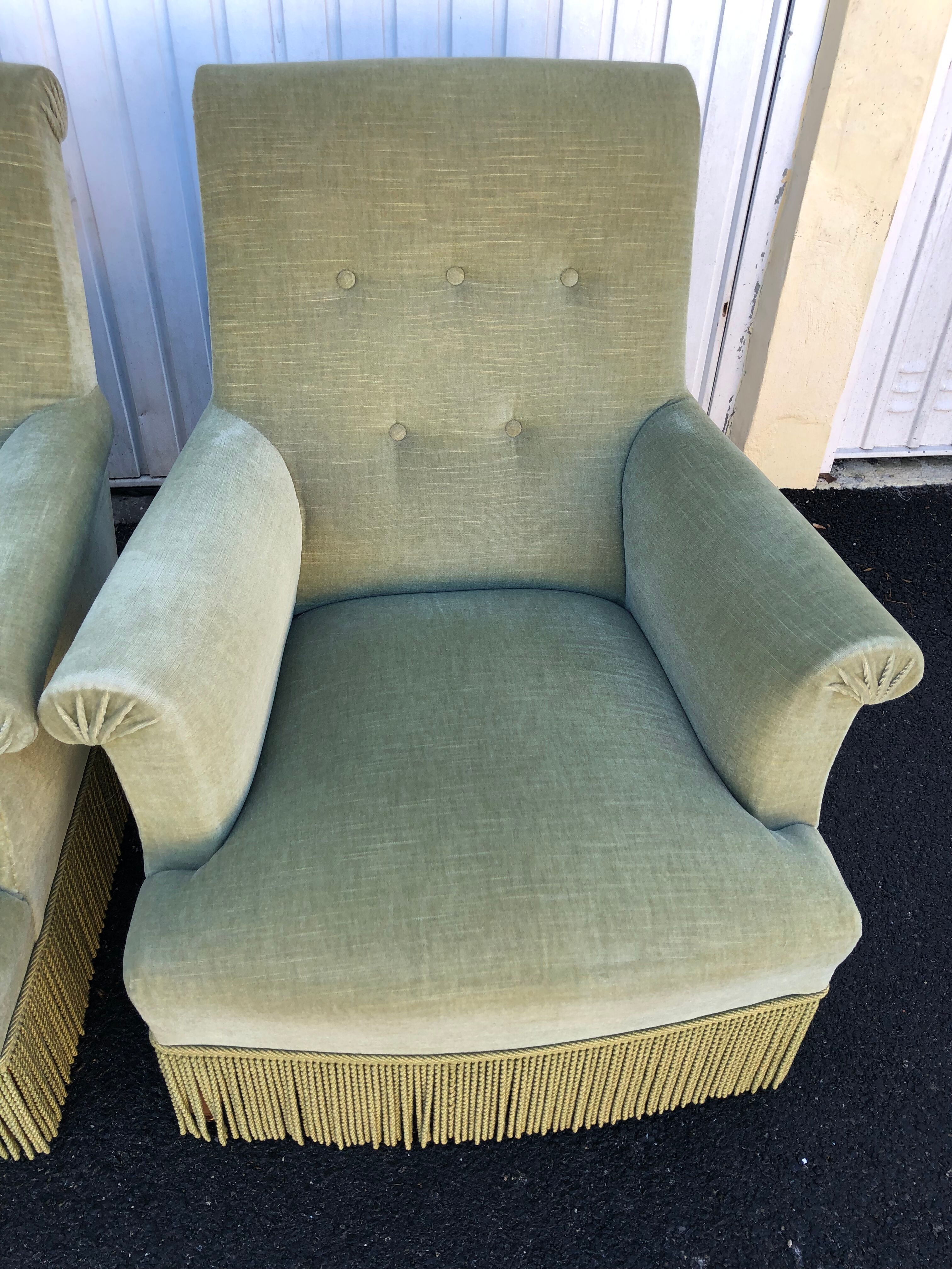 Pair of vintage almond green velvet armchairs
