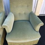 Pair of vintage almond green velvet armchairs