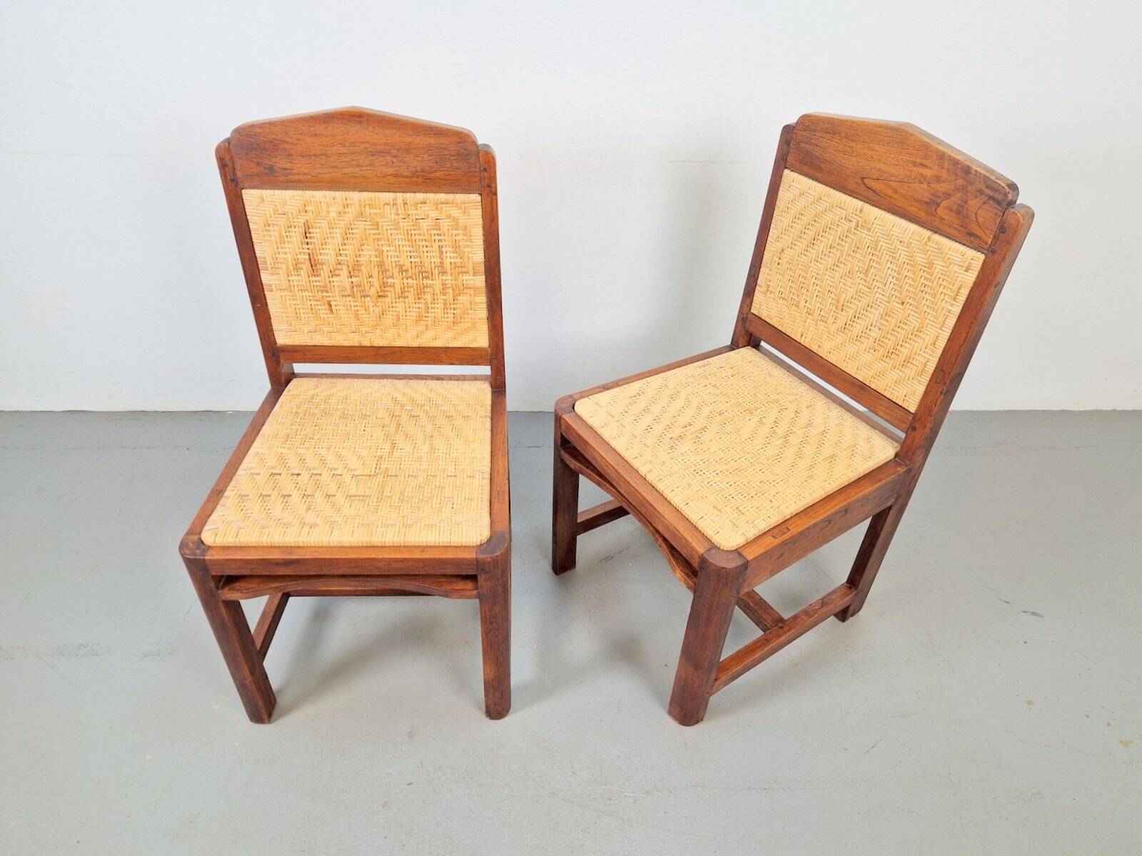 Dutch Art Deco Haagse School Oak and Rattan Webbing Chairs, 1930s, Set of 2