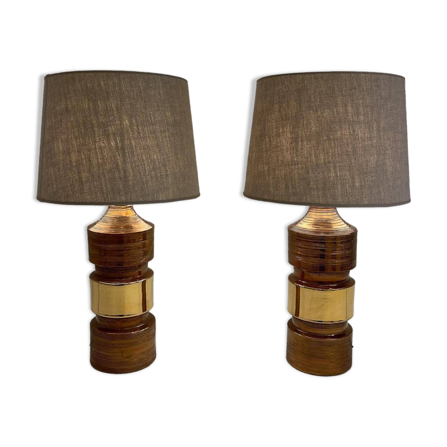 Pair of Bergboms Bitossi brass table lamps, large mid-century, 1960s, Sweden.