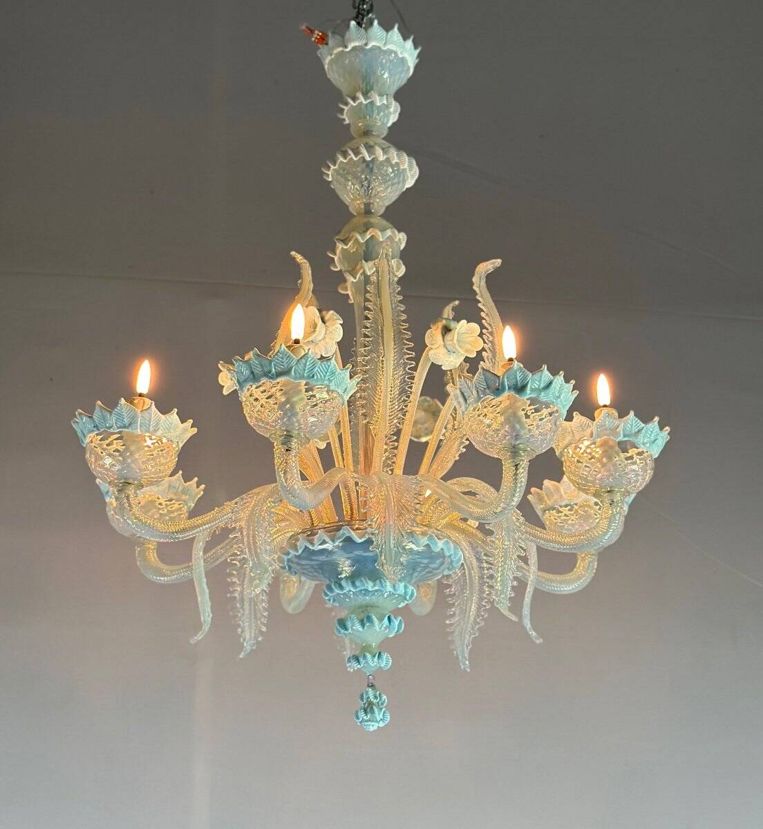 Venetian Chandelier In Murano Glass Two Tones Of Blue, Circa 1940, 8 Arms Of Light