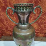 Oriental style vase or copper amphora and brass decoration
