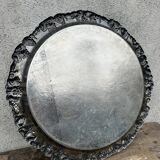 Antique round silver serving platter, grape motifs.