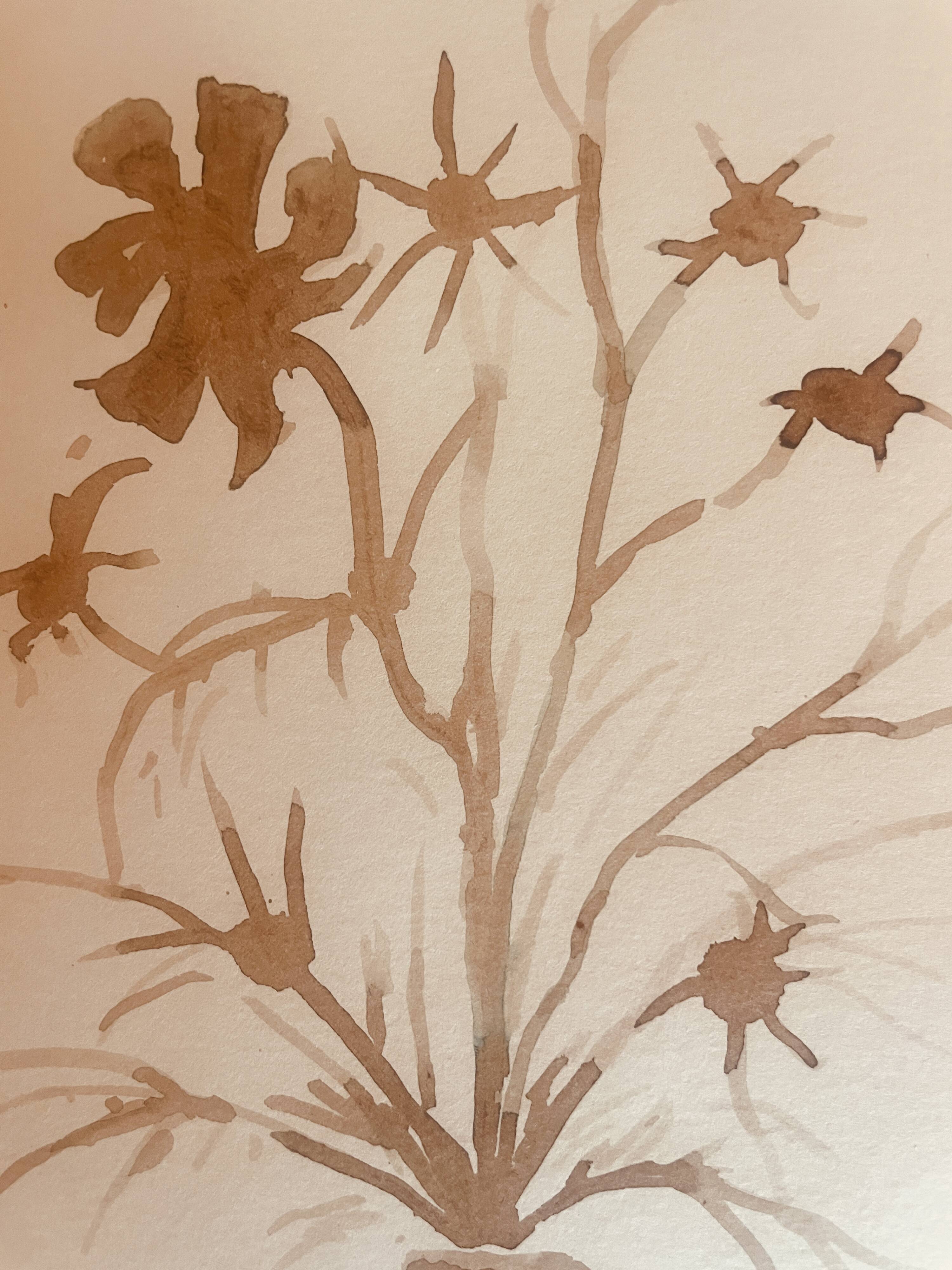 Signed still life monochrome sepia painting "dried flowers"