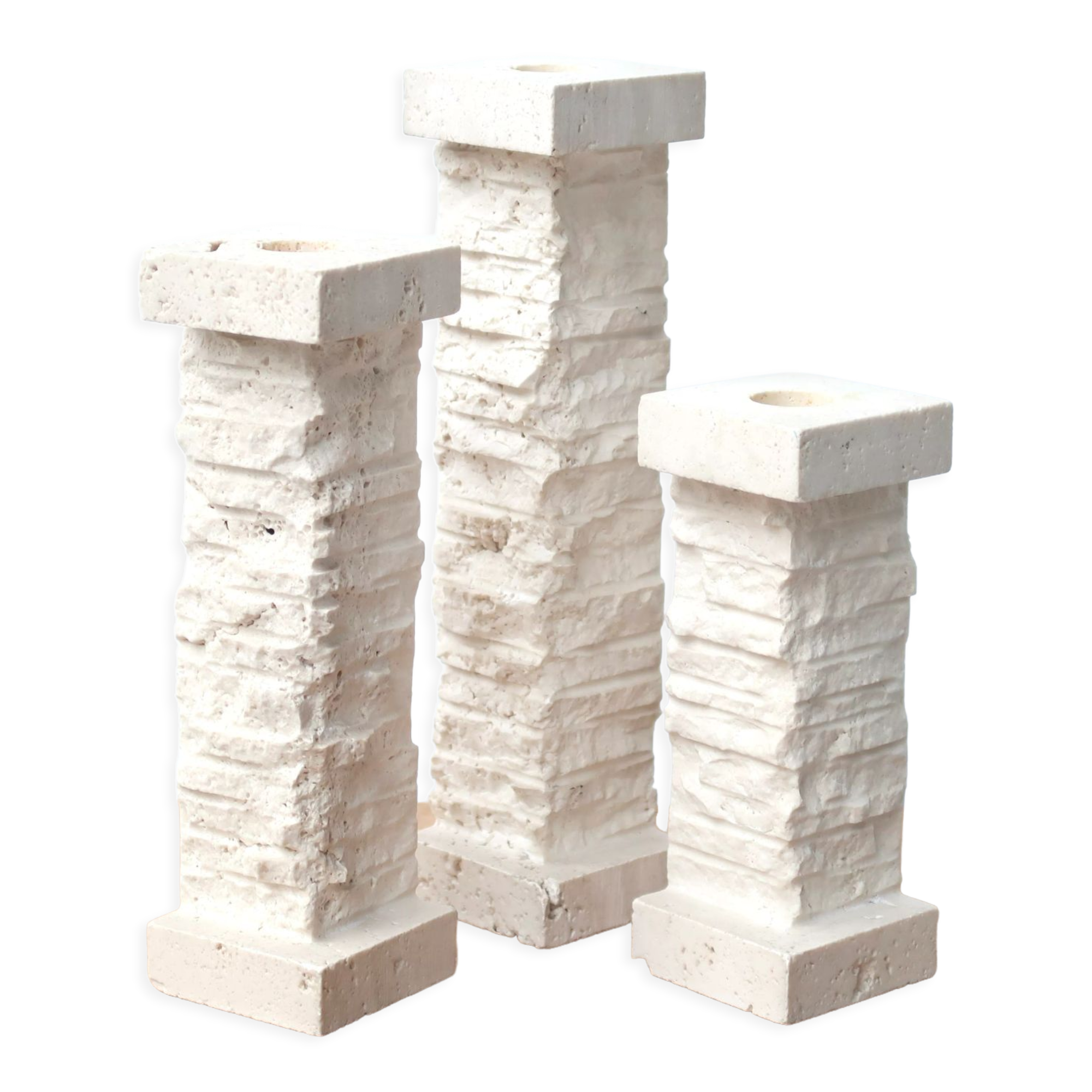 Set of 3 travertine column candlesticks Marble Art Marta, 70s