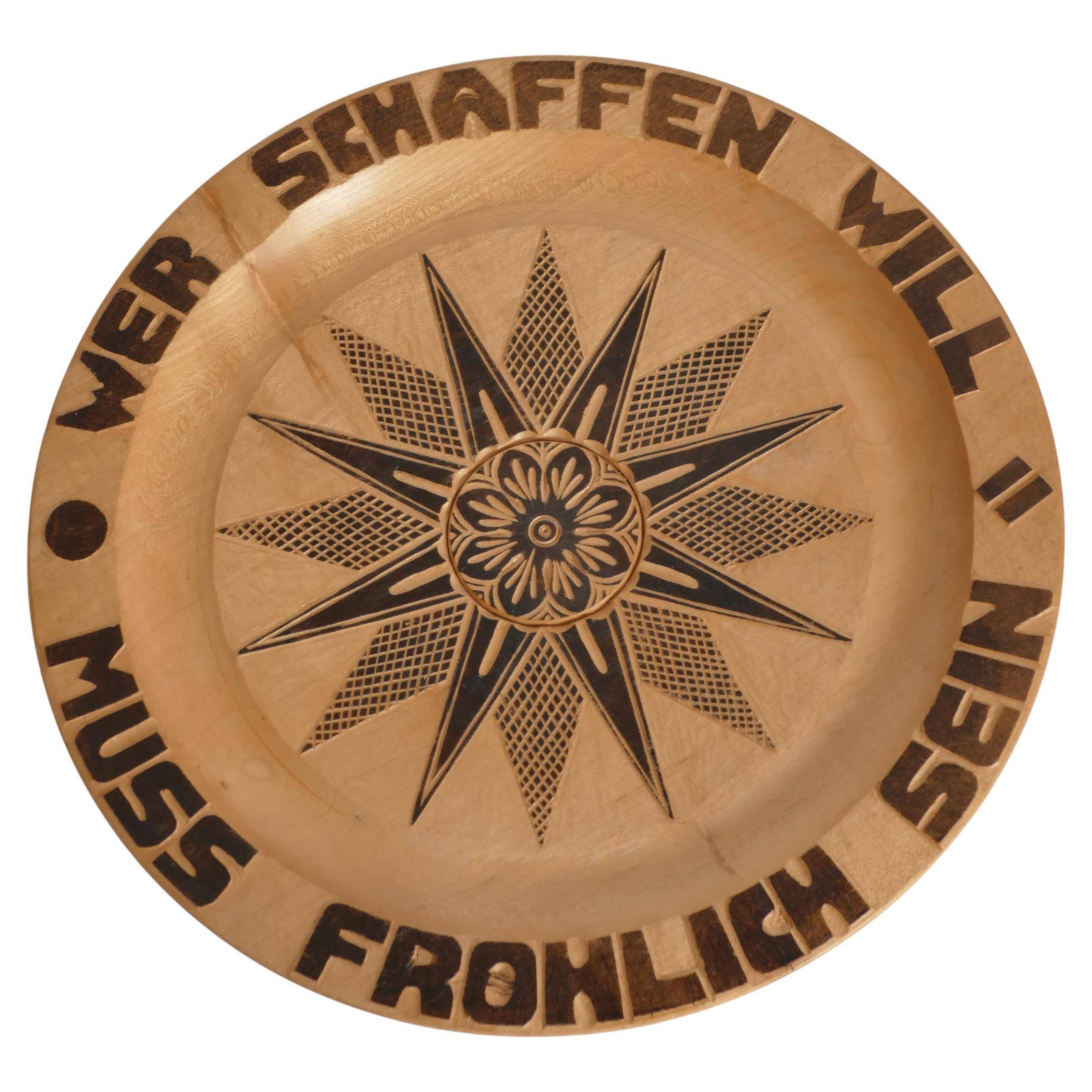 Decorative Hand-carved Wooden Plate with Pyrography, Germany 1960s