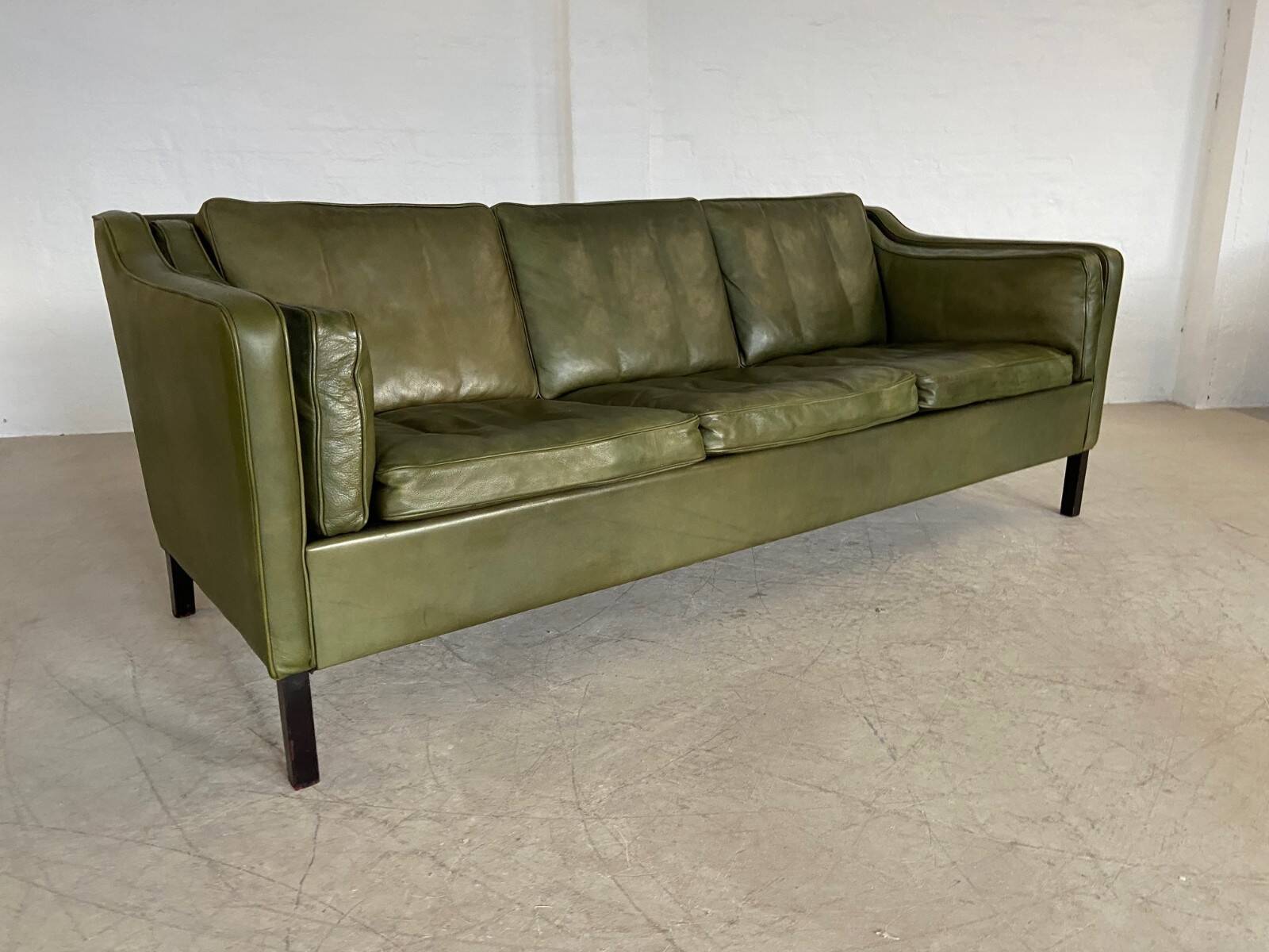 Canapé vintage danois Mogens Hansen en cuir vert olive des années 60