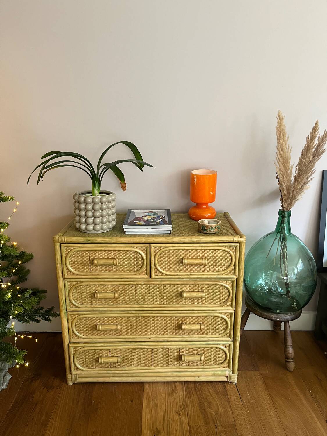 Charming rattan and bamboo chest of drawers.