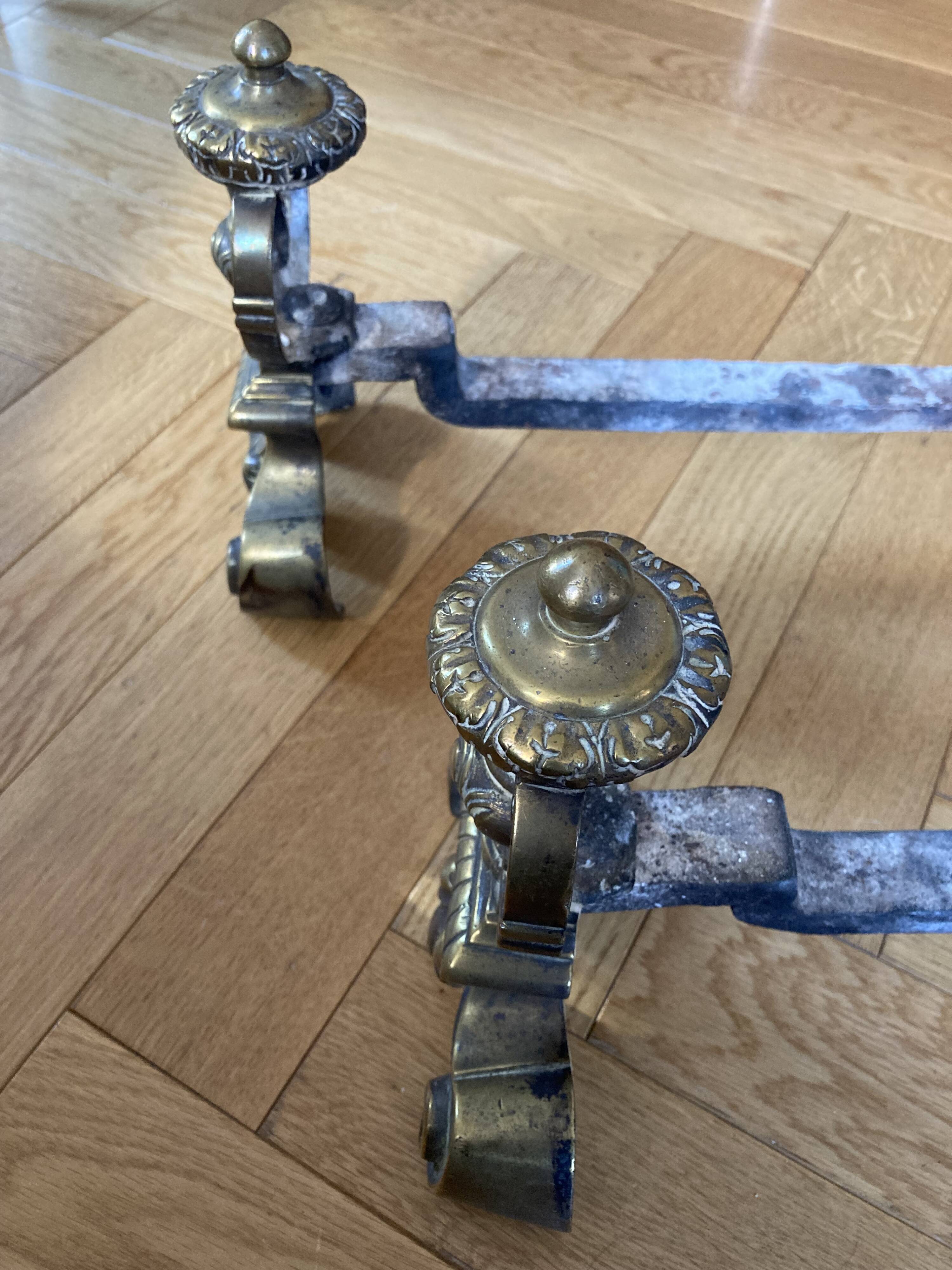 Antique bronze and cast iron chenets