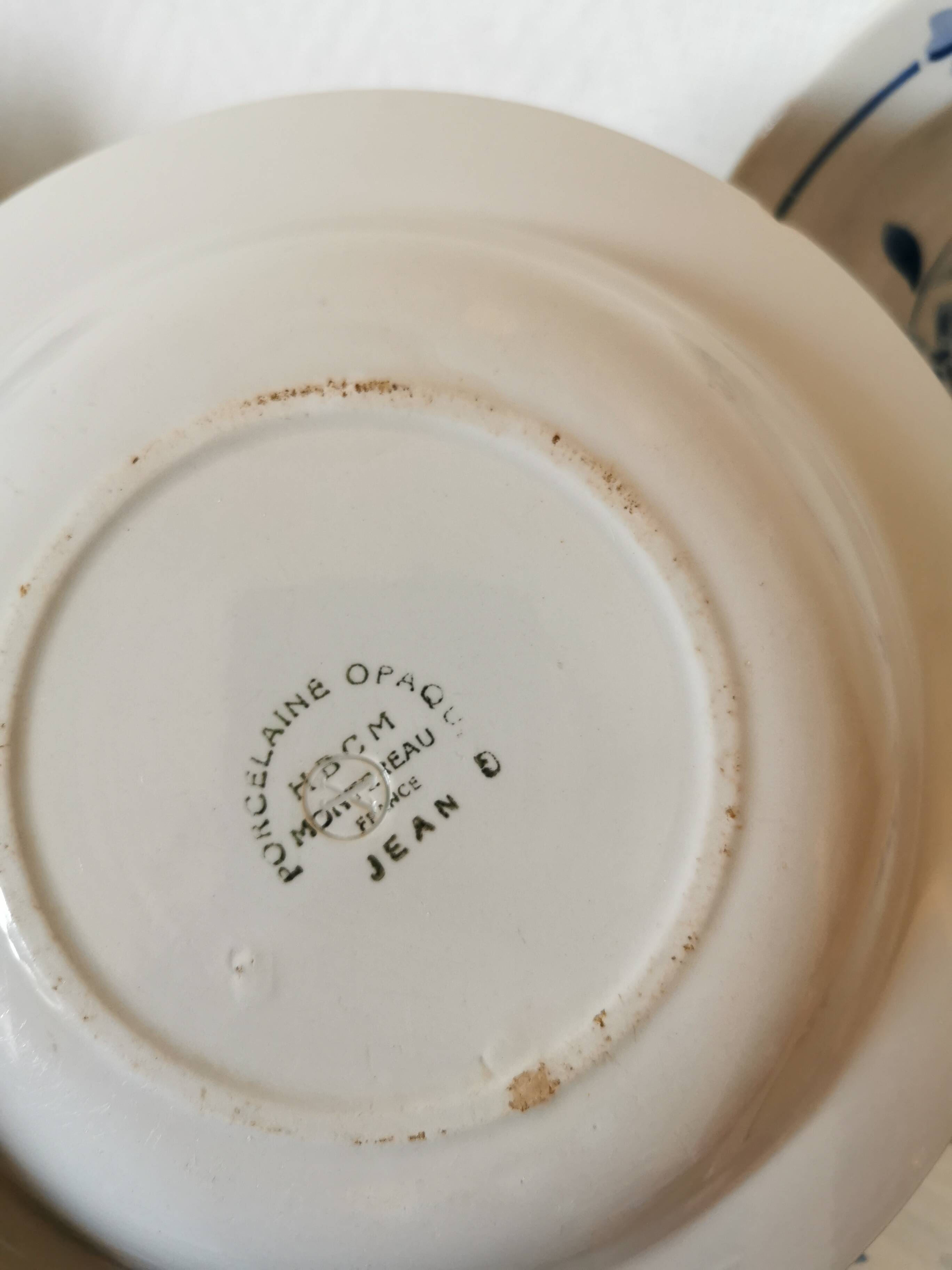 set of 5 Creil et Montereau soup plates, blue flower pattern