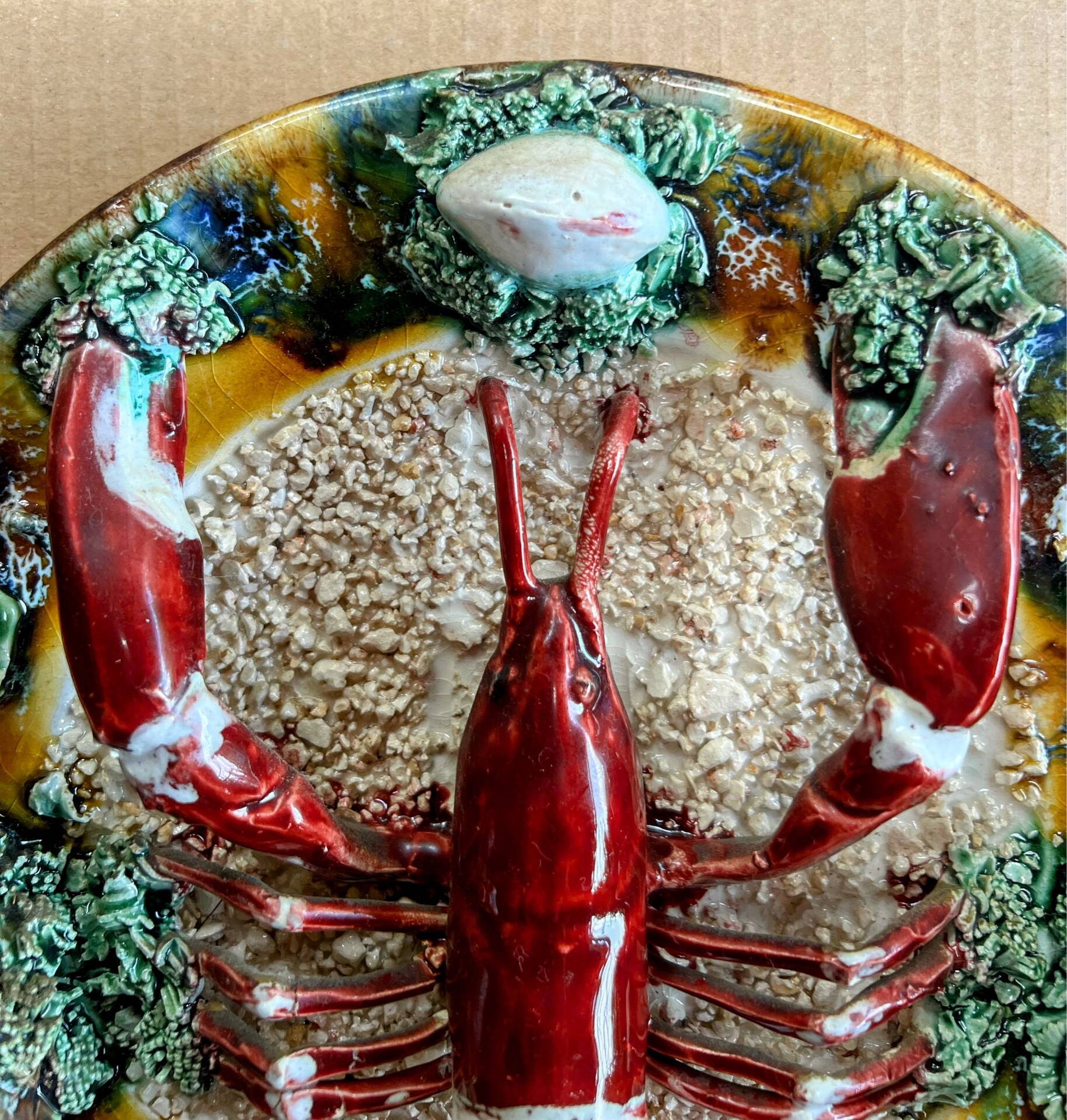 Vintage wall plate in ceramic majolica – Lobster decor in r