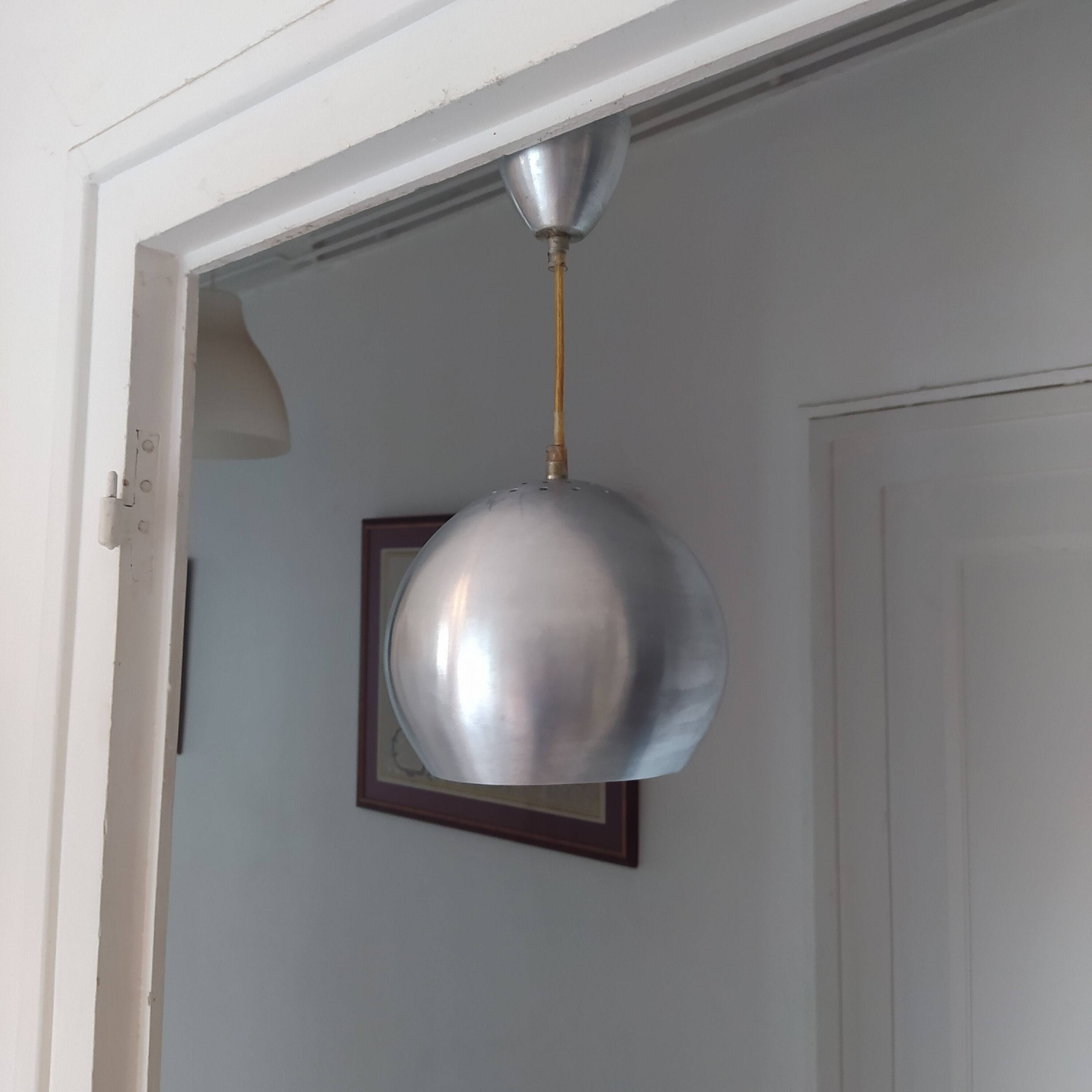 Vintage 70's ball pendant light in brushed aluminum