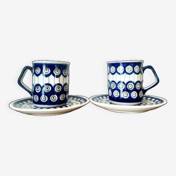 Duo of vintage Bolesliawiec ceramic mugs