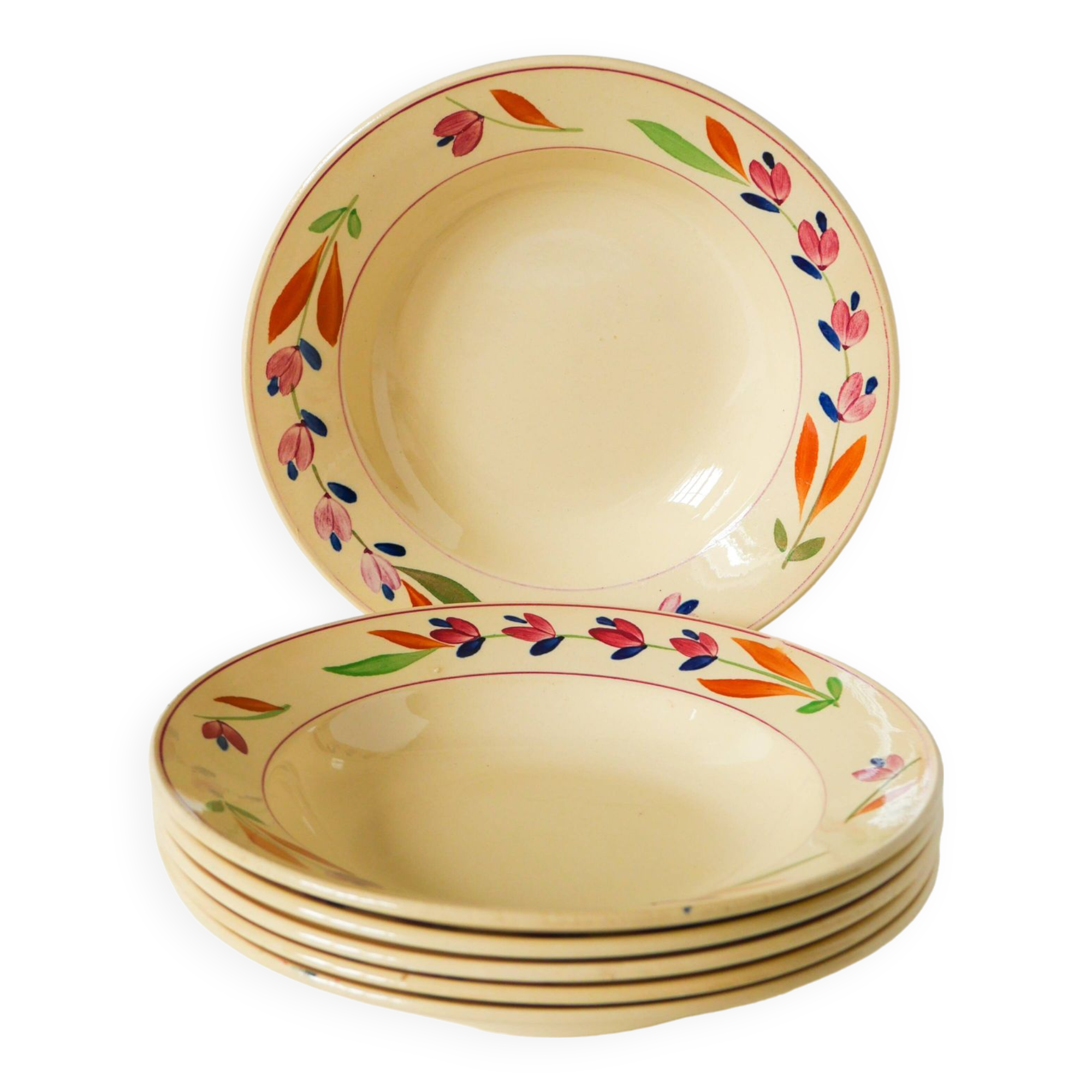 Set of 6 Gien flower soup plates, “Jeannine” model, 1940