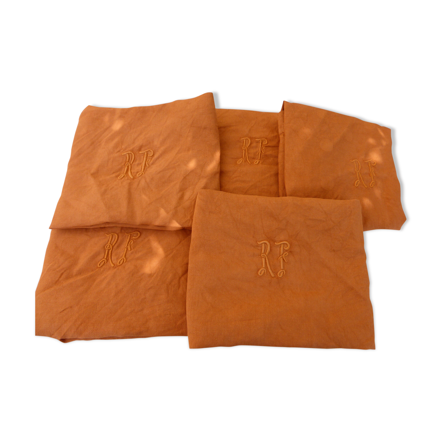 5  towels, rectangular linen, peas and monogrammed "RF", art deco