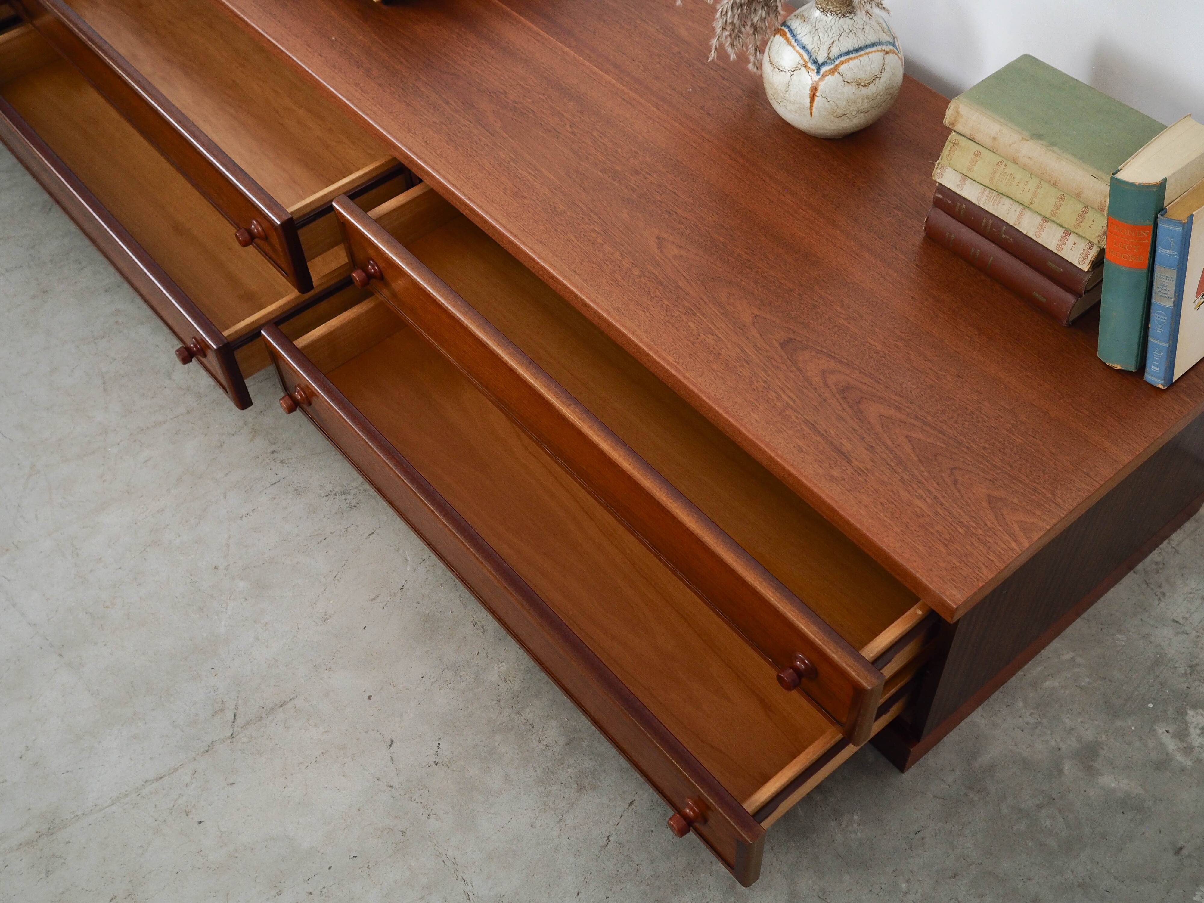 Low mahogany furniture, Danish design, 1970s, made in Denmark.