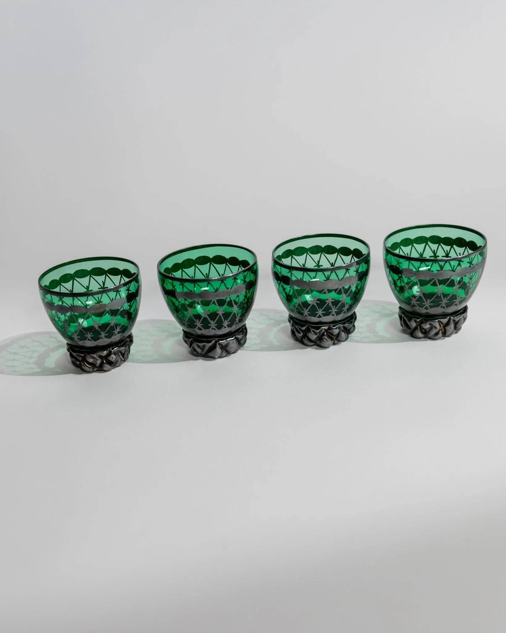 Vintage Murano Green Glass Liqueur Set with Hand-Painted Silver Decor – Decanter and Four Glasses, Italy, 1930s