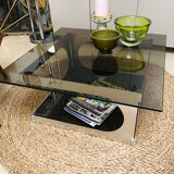 Coffee table design 70s, smoked glass and aluminum