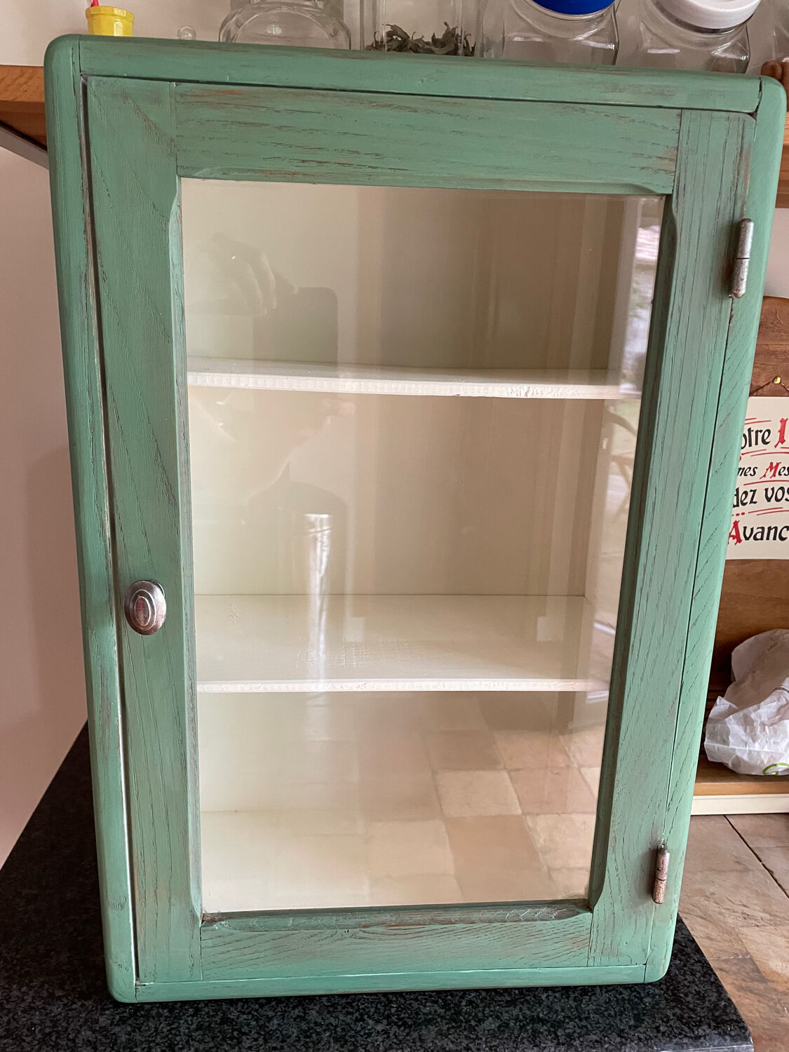 Small wooden cabinet patinated arsenic green