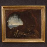 Antique Genoese painting from the 18th century, monks praying in a cave