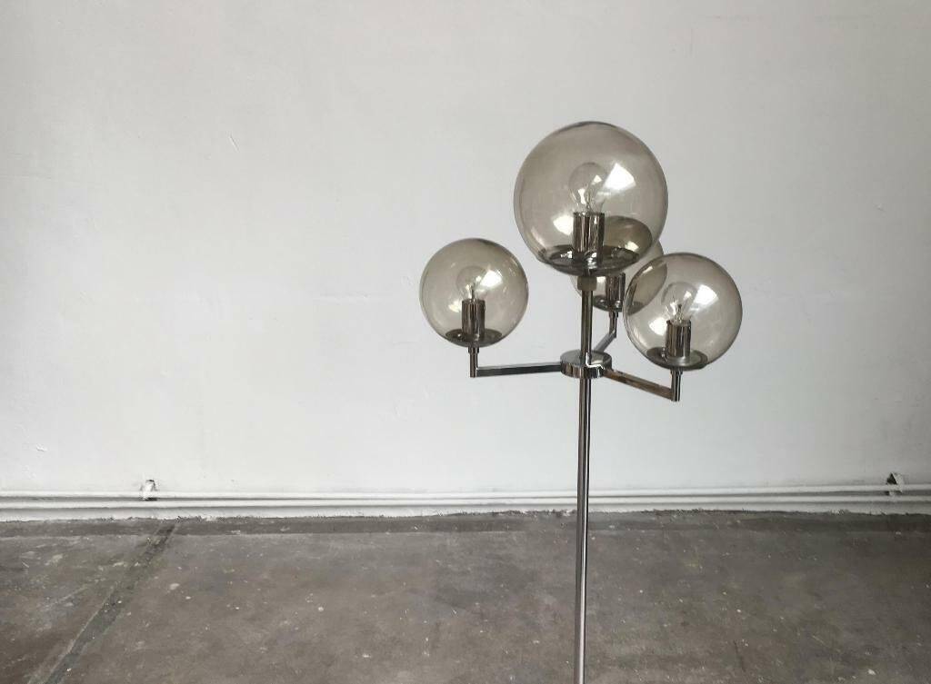 Chrome and glass floor lamp in mid-century German space style by Hustadt Leuchten, 1960s.