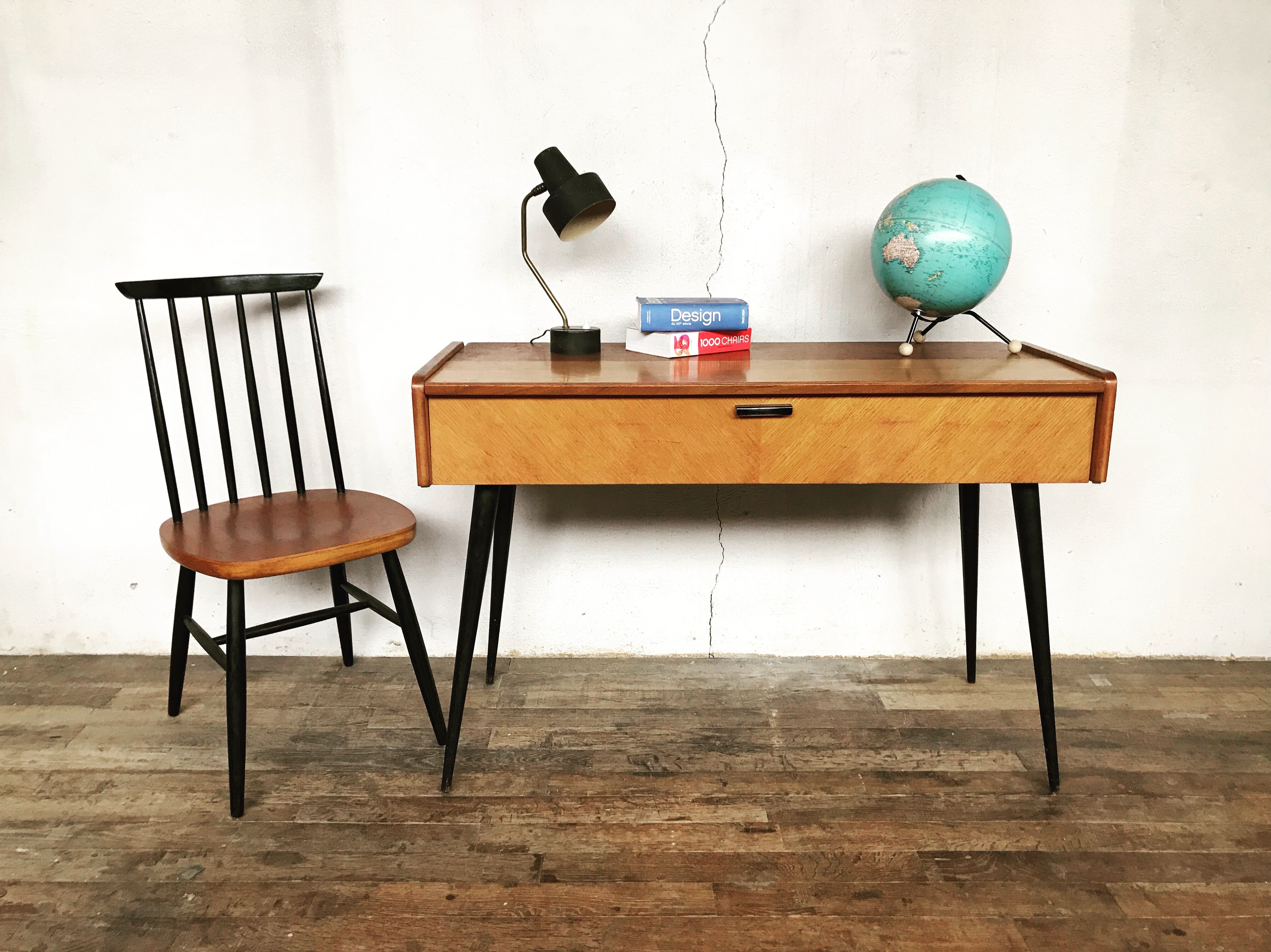 Bureau tricoteuse en teck vintage pieds compas fuseaux noir 1950 1960 style scandinave