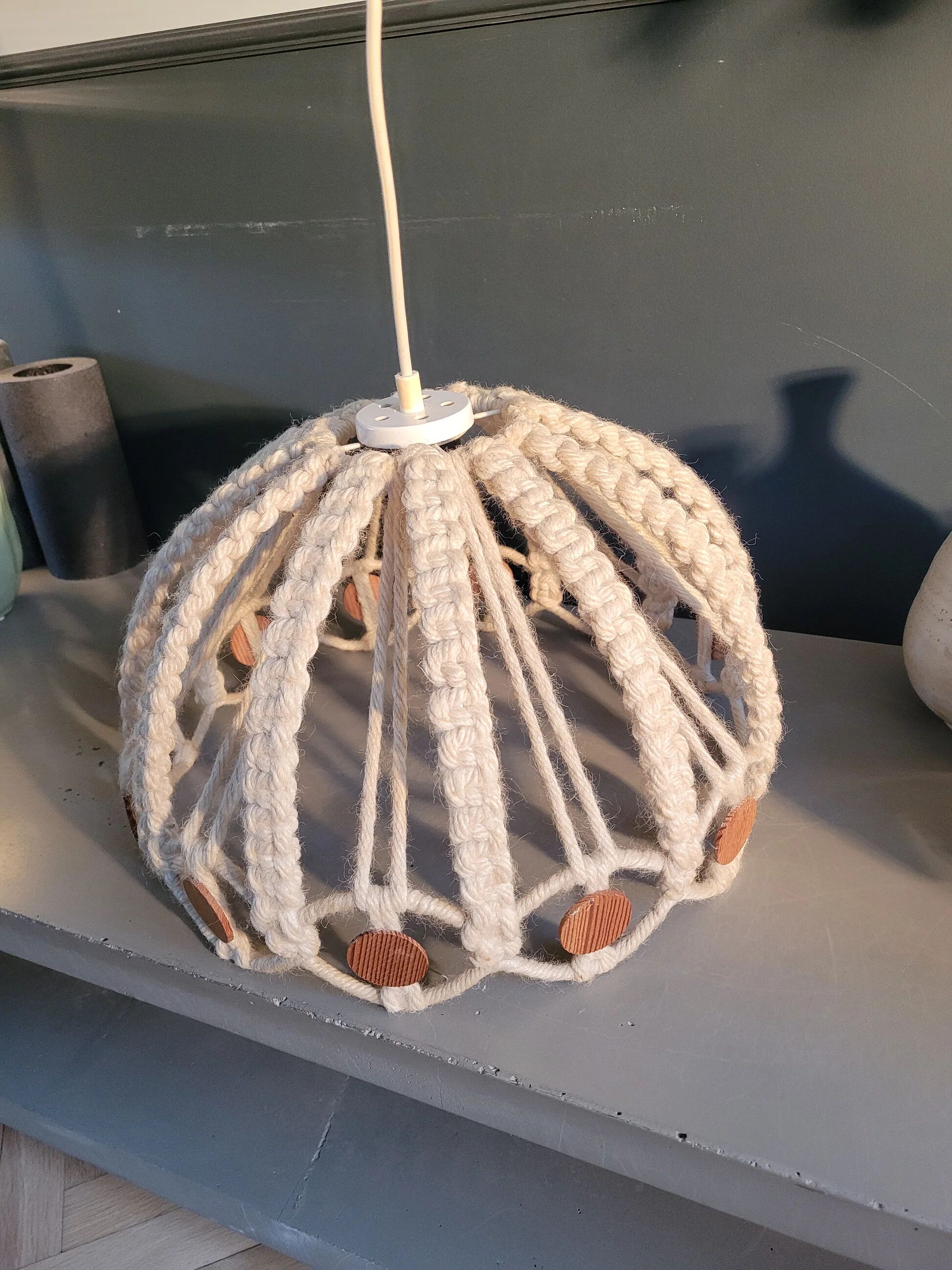 Vintage macramé and wood pendant light